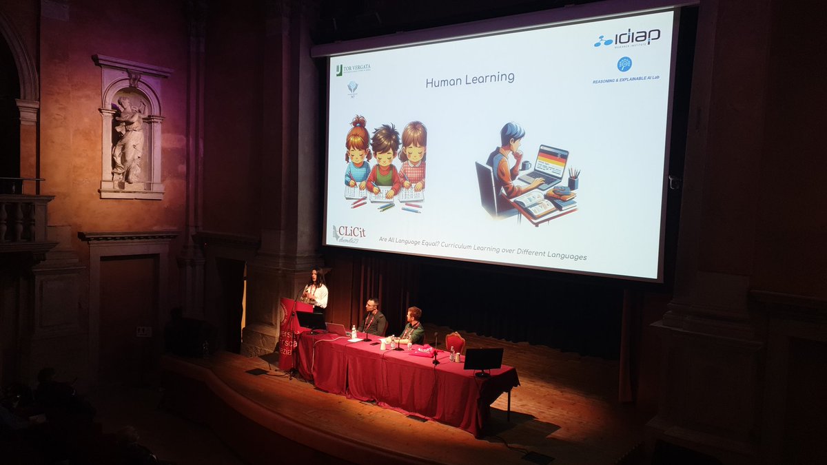 Oral Presentations on Large Language Models: Applications, chaired by @Ginger_in_AI , is starting with 'Are All Languages Equal? Curriculum Learning over Different Languages', presenting Giulia Pucci and Leonardo Ranaldi #clicit2023 #NLProc @AILC_NLP