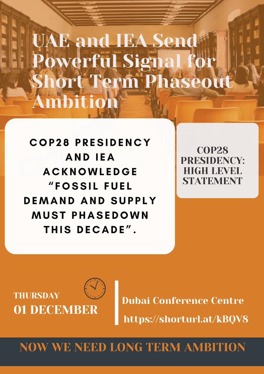 The #COP28 Presidency and @IEA deliver key call-to-action, going further than before by acknowledging the need to phasedown fossil fuel SUPPLY as well as demand and to do so THIS DECADE. Next step must be to call for a complete phaseOUT in the longer-term shorturl.at/kBQV8