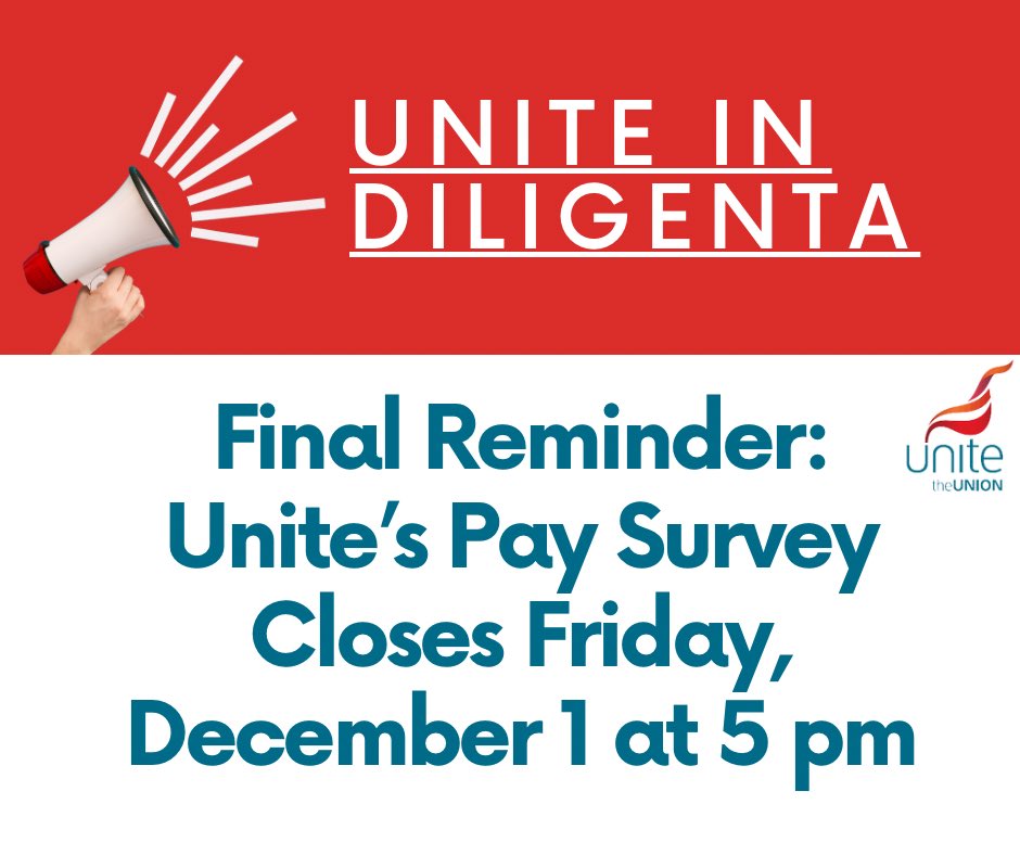 📣📣 Final call 📣📣

Unite’s pay survey in Diligenta closes TODAY at 5 pm.

Make sure you have your say over what your pay packet should be in 2024 💸

Already done it? Share the survey with a colleague - we are all the union! ✊🏼
