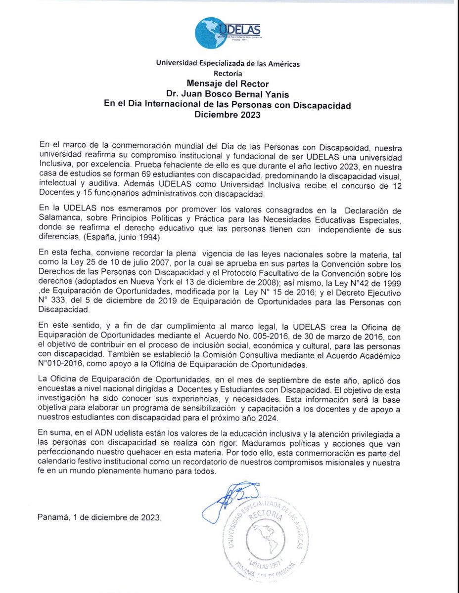 Alocución en el Día Internacional de las Personas con Discapacidad.