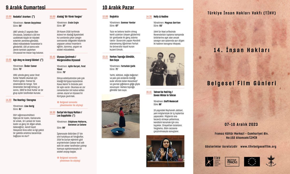 Depremin ardından yaşanan acının, umudun ve dayanışmanın tanıklığını kayıt altına aldığımız ve kolektif bir emekle hazırlanan "Üç Gün' belgeseli 14. İnsan Hakları Belgesel Film Günlerinde İzmir'de gösterimde olacak.
📣 7 Aralık Perşembe
🕞 15:30
📍 Fransız Kültür Merkezi (İzmir)