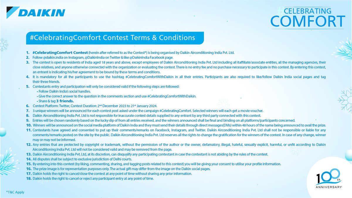 Here are the Terms & Conditions for the #CelebratingComfort Contest.

#Daikin #TermsandConditions #InnovatingForChange #InnovatingGoodness #StayTuned #Contest #ContestAlert #ContestTime #HotandColdAC #Summer #Winter #AllYearComfort #Comfort #Vouchers #MovieVouchers #Gift #Prize