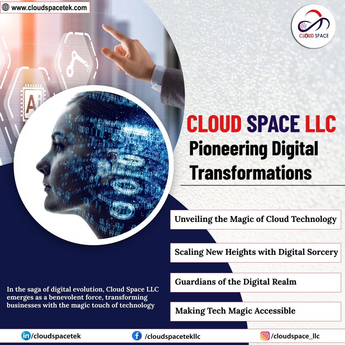 𝐂𝐥𝐨𝐮𝐝 𝐒𝐩𝐚𝐜𝐞 𝐋𝐋𝐂: 𝐏𝐢𝐨𝐧𝐞𝐞𝐫𝐢𝐧𝐠 𝐃𝐢𝐠𝐢𝐭𝐚𝐥 𝐓𝐫𝐚𝐧𝐬𝐟𝐨𝐫𝐦𝐚𝐭𝐢𝐨𝐧𝐬

#CloudSpaceLLC #TechTransformation #DigitalInnovation #CloudMagic #BusinessEvolution #TechWizards #DigitalSorcery #CyberGuardians #InnovateWithCloud #AccessibleTech #DigitalRealm