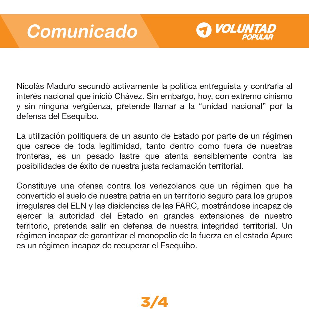 VoluntadPopular's tweet photo. 🇻🇪El Esequibo es de Venezuela a pesar de la dictadura

Desde @VoluntadPopular, rechazamos la instrumentalización con fines electoralistas del tema Esequibo, y anunciamos que no participaremos de ninguna forma en un referendo que, lejos de servir a los intereses del país, banaliza nuestros bien fundados argumentos legales, históricos y morales a favor de nuestra integridad territorial.