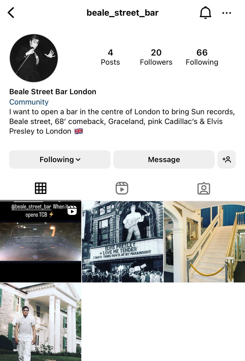 🚨 UK Elvis Fans 🇬🇧🚨

Please follow Beale Street Bar in London  - a friend is trying to gain following in hopes of opening an elvis themed bar in London! 🎙️

Please follow their insta page: beale_street_bar to keep updated! 

#elvis #elvispresley #elvisfans #london #newbar