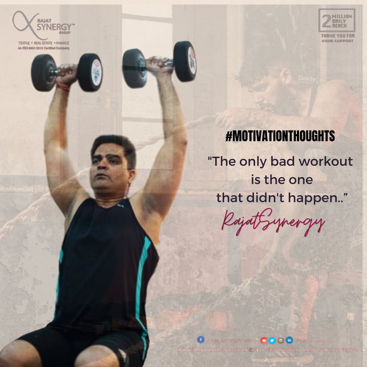 rajatsynergy's tweet image. #MOTIVATIONTHOUGHTS

&quot;The only bad workout
 is the one
 that didn&apos;t happen.”

#RajatSynergy #RajatMohanPathak