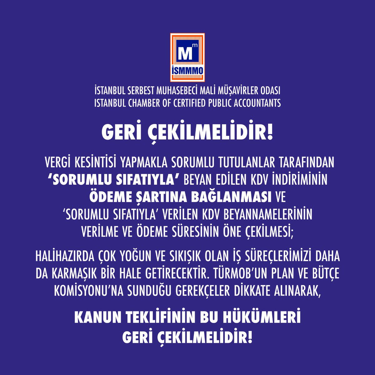ISMMMODASI's tweet photo. Kanun teklifinin, iş süreçlerimizi daha da karmaşık hale getirecek ilgili hükümleri geri çekilmeli, TÜRMOB’un Plan ve Bütçe Komisyonu’na sunduğu gerekçeler dikkate alınmalıdır. https://t.co/S7fDjqNpbB