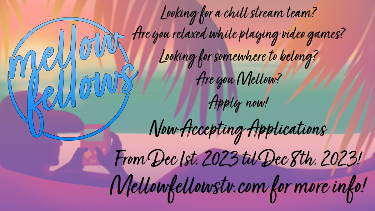 Surprise! 

The Mellow Fellows are looking for 5 new additions to our team. If being on a Twitch Team full of members that provide relaxed vibes sounds like your thing, get your application in over at mellowfellowstv.com/apply

Applications Close on December 8th!

FAQ Below