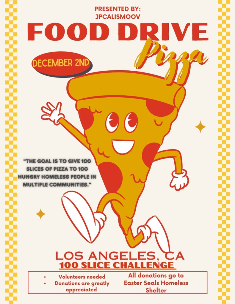CaliSmoov4Life's tweet photo. Tomorrow‼️my 6th Annual #FoodDrive #100SliceChallenge This Saturday at LA #EasterSeals #HomelessShelter‼️🍽🍕 support the moment and #donate to any local #shelter or #rehabilitationcenter in your community💙✊🏾 #thanksgiving #pizzagiveaway #jpcalismoov https://t.co/LK3yGiEIMm