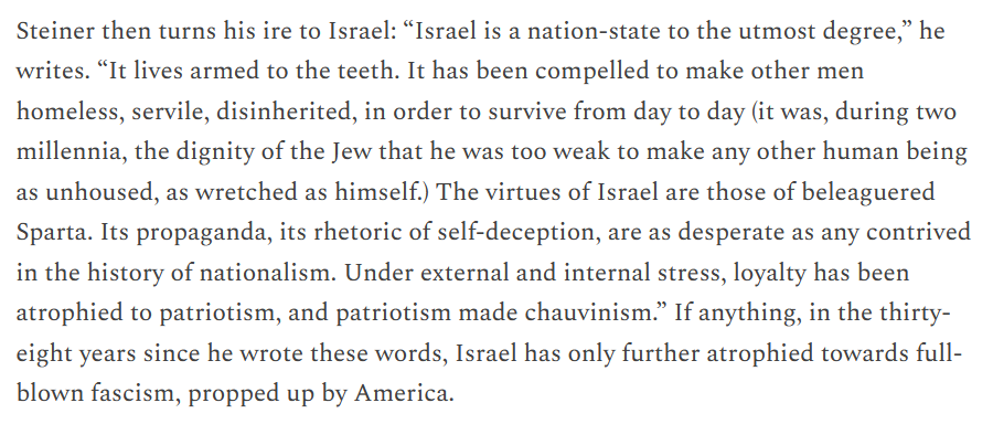 I wrote about the Zionist claim to reasonableness in three recent articles, including that Montefiore piece on decolonization in the Atlantic. I quote, among other smart people, George Steiner, writing in 1985: open.substack.com/pub/aaronkreut…