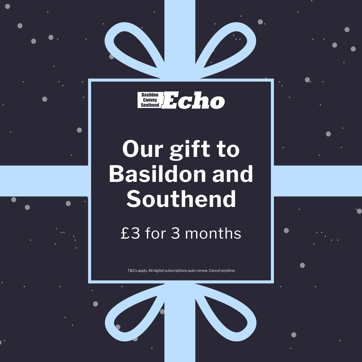 Essex_Echo's tweet photo. 🎉Start December with a special gift from the #Southend and #Basildon Echo 📰 
▶ Grab our digital subscription for just £3 for 3 months and stay connected with latest news in south Essex #LocalLens #DecemberSpecial
Find out how: https://t.co/ka1FkEiv7M https://t.co/eLDCjY6oMj