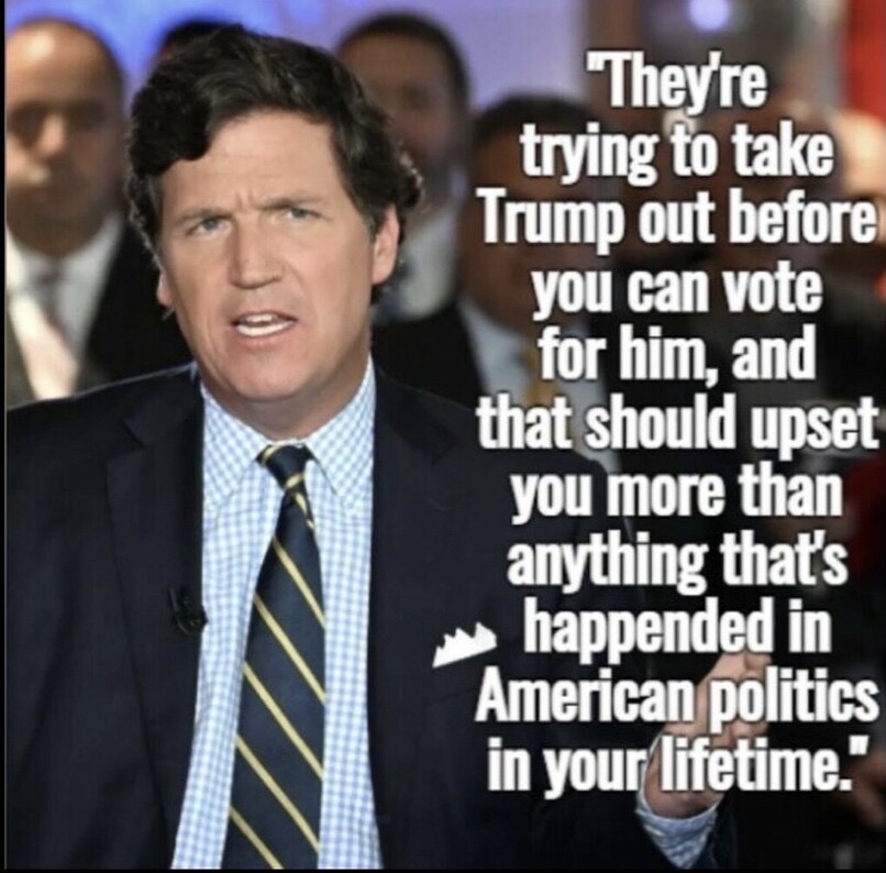 Gitmo99's tweet image. "They're trying to take Trump out before  you can vote for him, and that should upset you more than anything,that's happened in America politics in your lifetime" Tucker