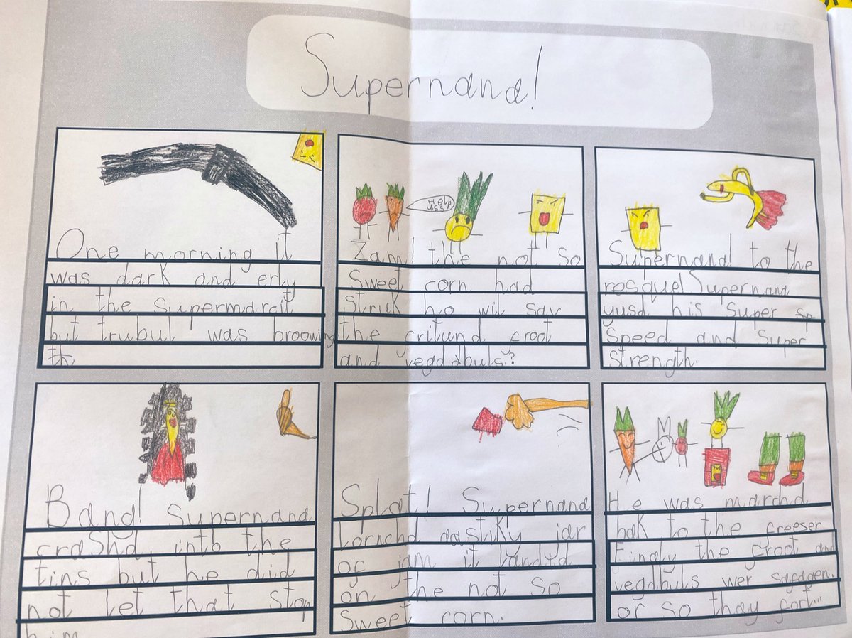Children in y1 have absolutely LOVED our writing unit on Supertato! Today they published their own comic based on the book…here is ‘Supernana’ who is trying to defeat the ‘not-so-sweet corn’! @PaulLinnet  🍌🦸‍♂️