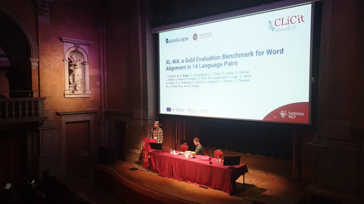 Andrei Stefan Bejgu is presenting 'XL-WA: a Gold Evaluation Benchmark for Word Alignment in 14 Language Pairs' #clicit2023 #NLProc @AILC_NLP