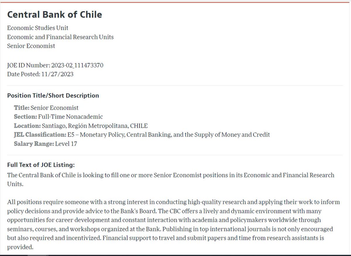 CBChileresearch's tweet image. 🚨 Exciting news! 🚨The @bcentralchile 🇨🇱 is hiring for multiple positions in the econ job market. Join our team for a great mix of research and policy work. #EconTwitter
Apply by Jan/31/2024 at: bit.ly/3Rl6Zo2