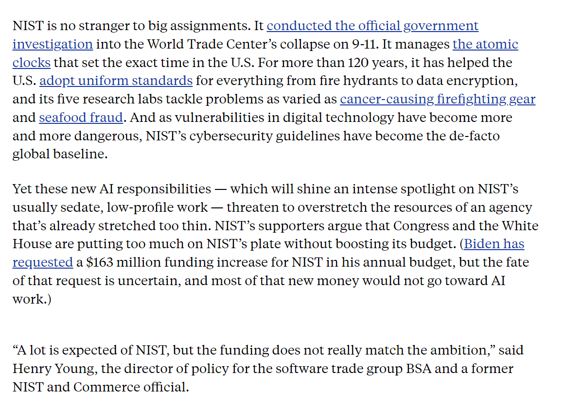 Biden's AI safety agenda relies heavily on a small agency you've probably never heard of: @NIST. It's earned companies' and academics' trust and produced landmark guidance — but it's also very underfunded, & the AI EO could make that worse. My new story: themessenger.com/tech/the-overw…