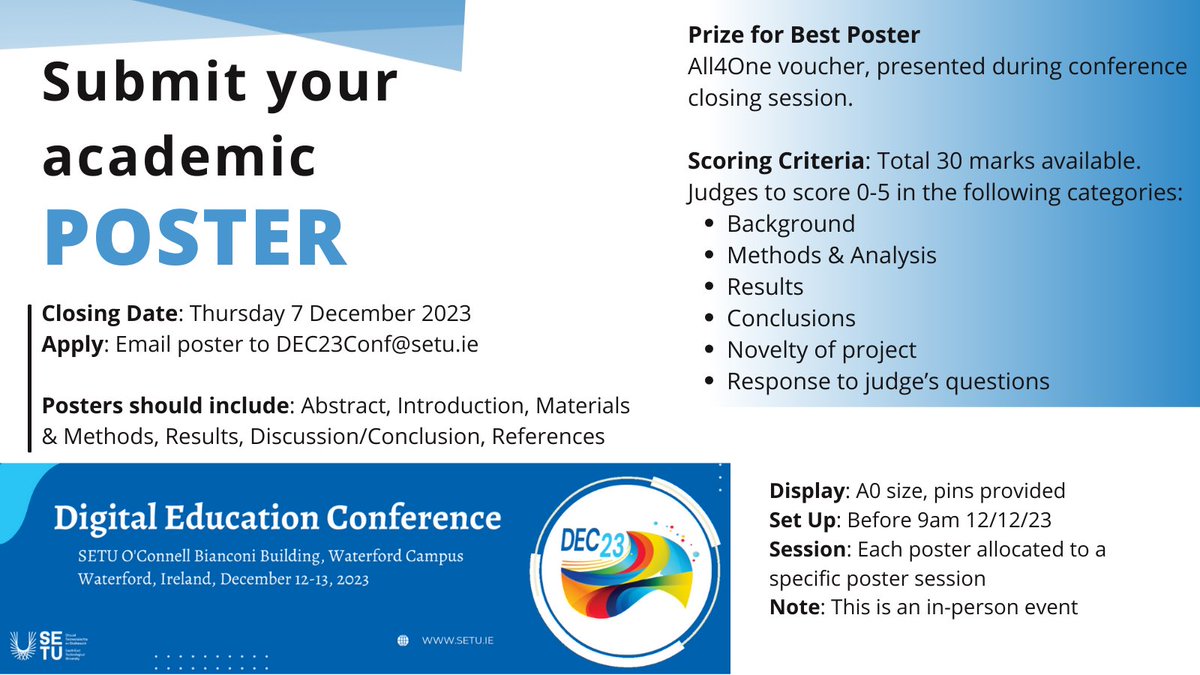 Poster submission is still open for the Digital Education Conference. ⏰ Apply by 7 Dec 2023. 🌟 Prize for best poster! ➡️ See conference topics and registration details at setu.ie/events/setu-di… #DEC23 #PosterSession #edchatie #DigitalEducation