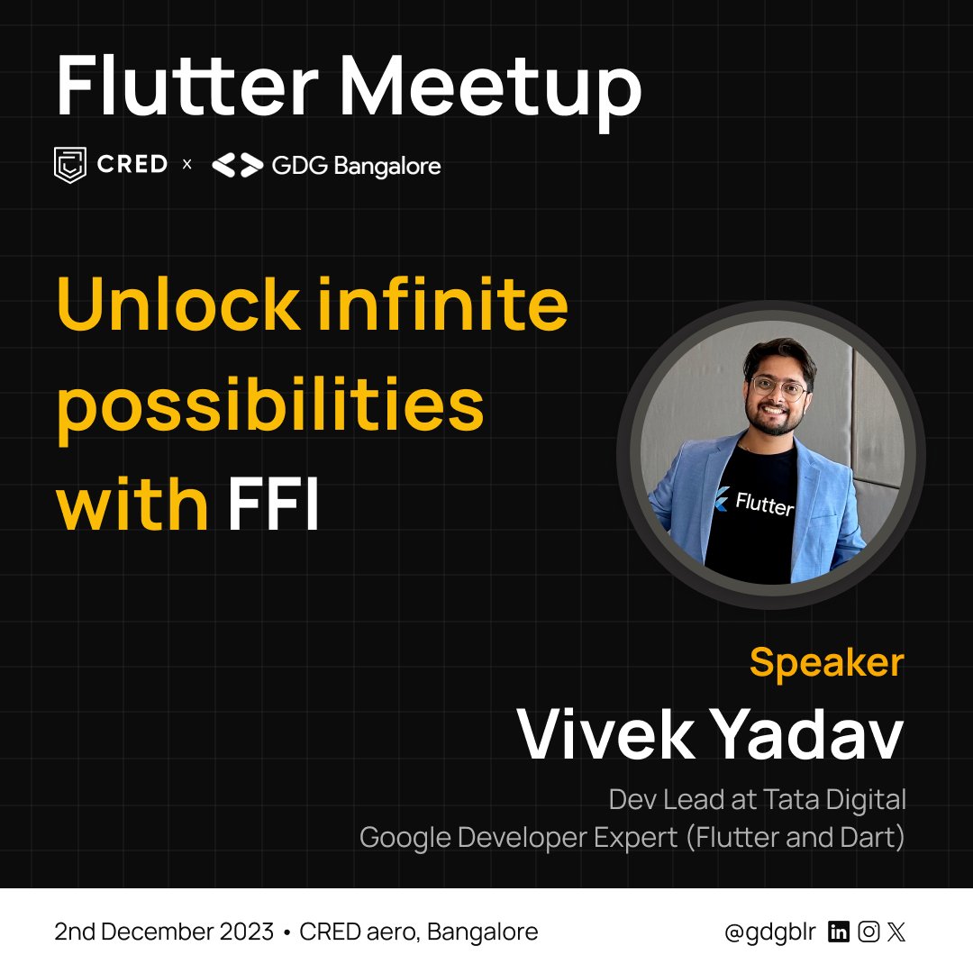 🎤 Excited to announce tomorrow's session by <a href="/viveky259259/">Vivek Yadav #PROCoach</a>, Dev Lead at Tata Digital and <a href="/GoogleDevExpert/">@GoogleDevExpert</a> for Flutter and Dart, at the Flutter Meetup hosted by <a href="/CRED_club/">CRED</a> x GDG Bangalore.

#GDGBangalore #CRED #Flutter