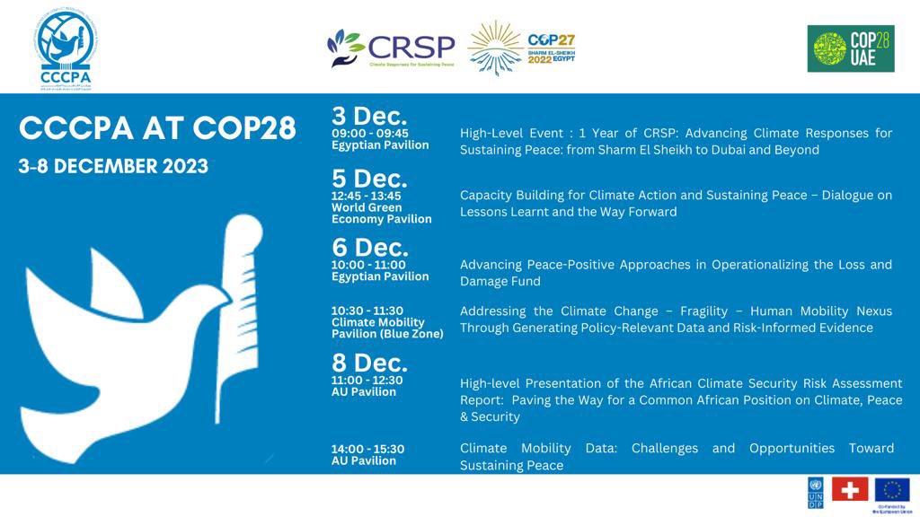 #COP28 is here! As #CCCPA we are looking forward to a range of events &amp; engagements from celebrating one year of <a href="/COP27P/">COP27</a> initiative <a href="/CRSP_COP27/">Climate Responses for Sustaining Peace (CRSP)</a>, to #Capacitybuilding &amp; #operationalising #LossAndDamageFund. Stay tuned for updates!