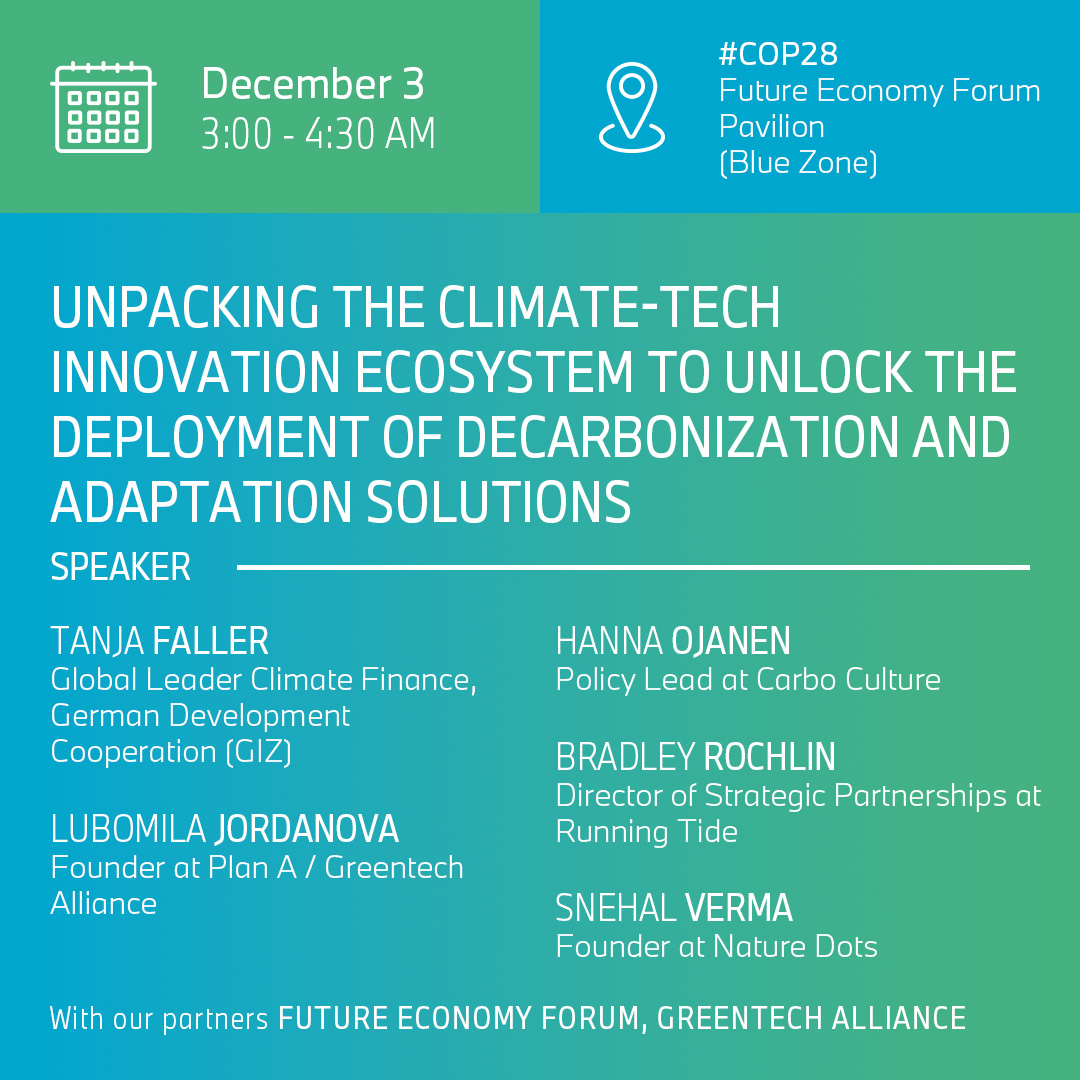 respond_acc's tweet image. 🌎 We’re at #COP28 this week and so excited that two alumni of our #AcceleratorProgram, @LubomilaJ (Plan A/GreentechAlliance) and @SnehalV (NatureDots) are panelists Dec 3 at the #FutureEconomyForum pavilion.
#ClimateAction #Innovation #Ecosystems #Decorbonization #Solutions