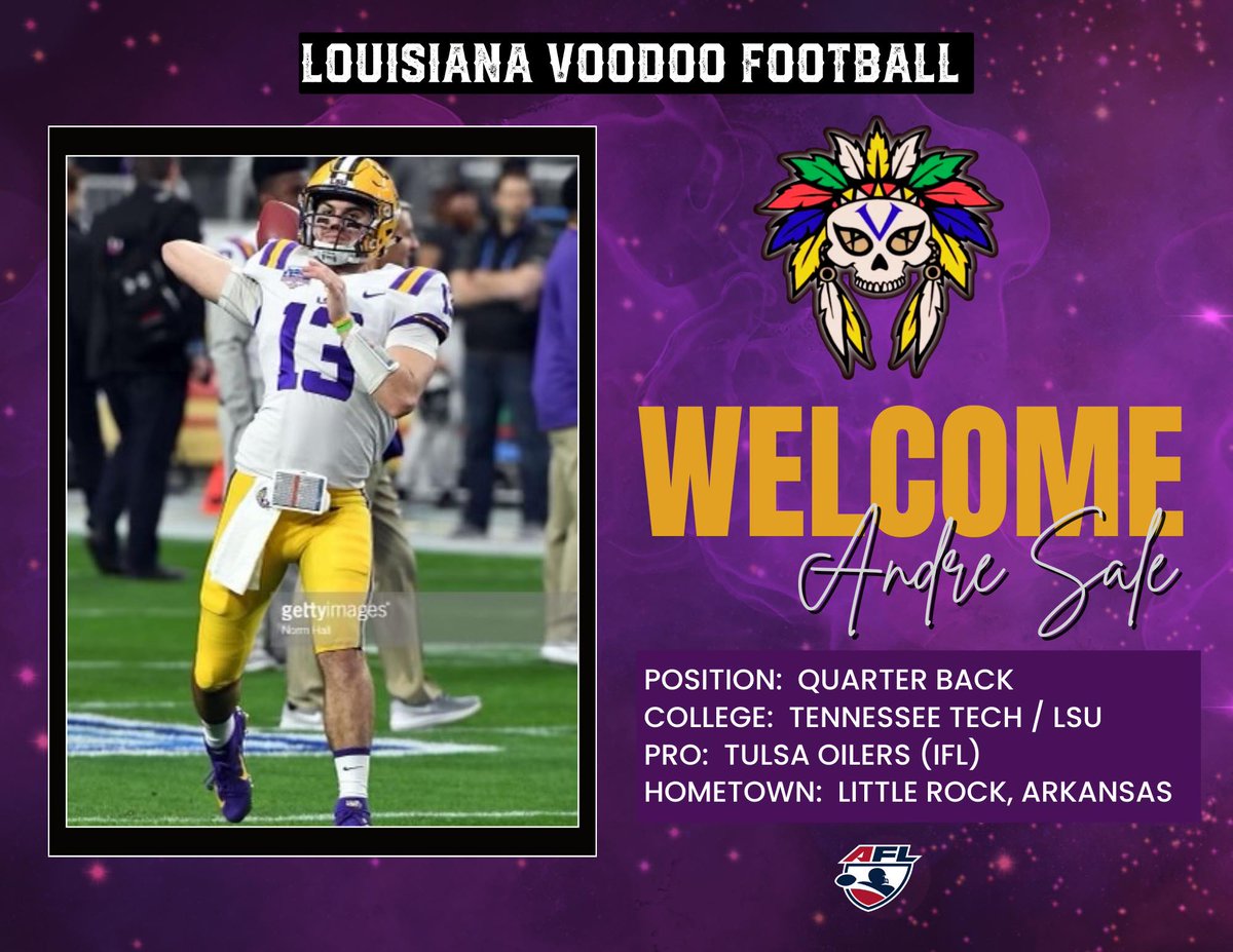 RenardSports's tweet photo. The Louisiana Voodoo signed their QB. n

Former LSU and Tennessee Tech QB Andre Sale is headed to Lake Charles.

Most recently he was quarterbacking the Tulsa Oilers of the IFL in 2023, where in six games, he passed for 1,101 yards and accounted for 29 touchdowns.

#Voodoo https://t.co/bf5bWNywRV