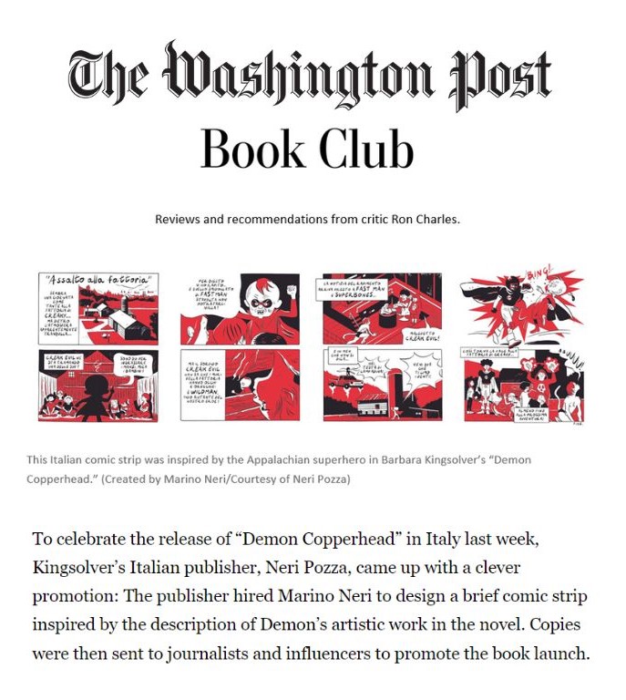 NeriPozza's tweet image. Oggi sulla newsletter #Bookclub del @washingtonpost il nostro progetto realizzato per la campagna di #DemonCopperhead di Barbara Kingsolver.

neripozza.it/blog/130/avven…

#NeriPozza