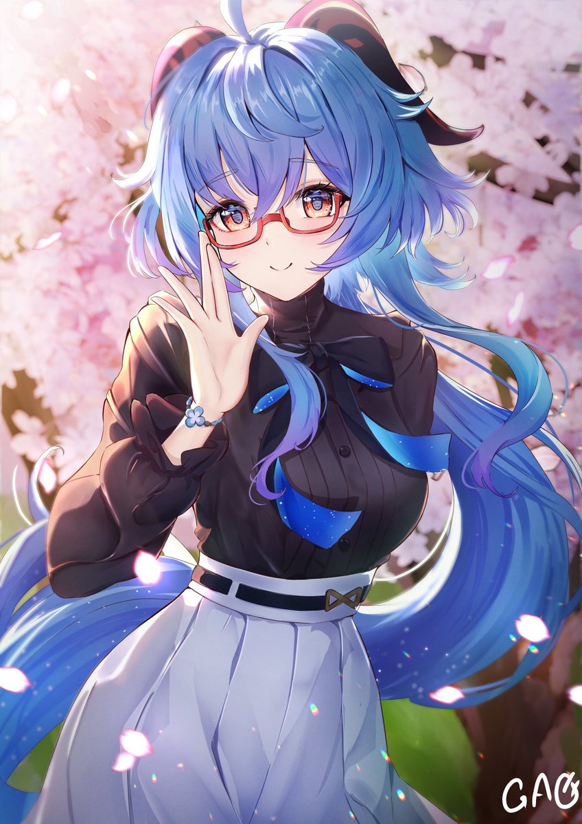 ganyu (genshin impact) 1girl official alternate costume solo blue hair red-framed eyewear glasses skirt  illustration images