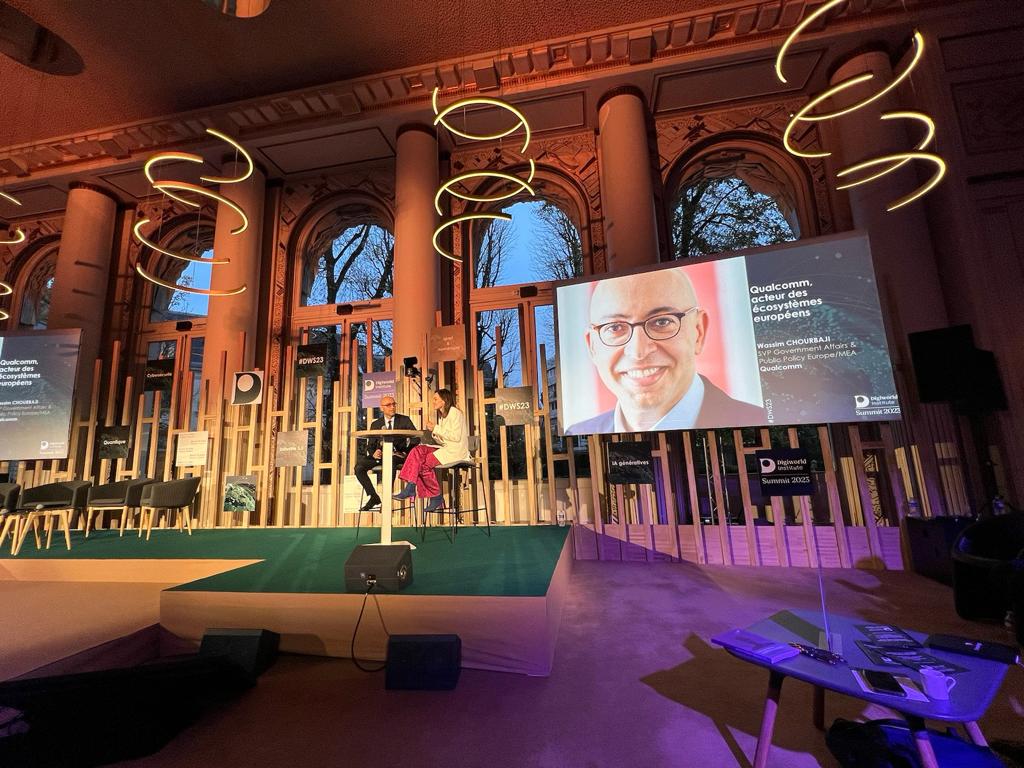 QC_EUPolicy's tweet photo. Speaking w/ @kaylakristine at today’s @DigiworldInst Summit, @WassimChourbaji outlines that @Qualcomm has design and R&amp;D centers in Europe and France enabling cutting-edge innovative solutions and creating new partnerships and ecosystems.

#DWS23 https://t.co/lIzsReR6wG
