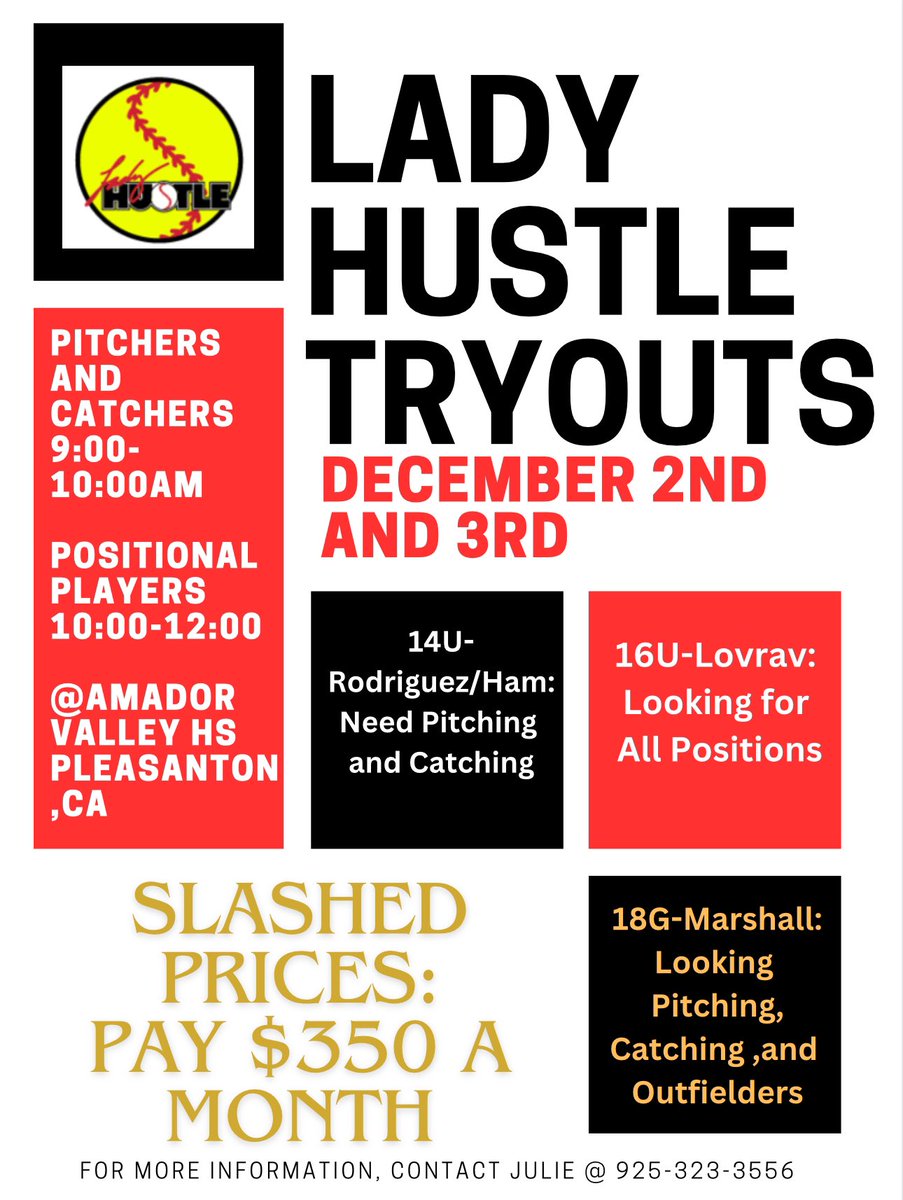Tryouts this weekend! Visit our website to register! ladyhustlefastpitch.sportngin.com/register/form/…