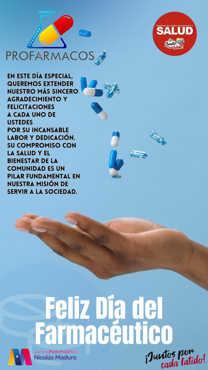 ProfarmacosMpps's tweet photo. ¡Feliz #DíaNacionaldelfarmacéutico!
En este día especial, queremos expresar nuestro más profundo agradecimiento por su #Excelente contribucion @profarmacos_mpps
#DiaDelFarmaceutico @mppsalud_vzla @magalygutierrezvina @nicolasmaduro #esequiboesvenezuela #esequibo https://t.co/bSiHY4LV4u