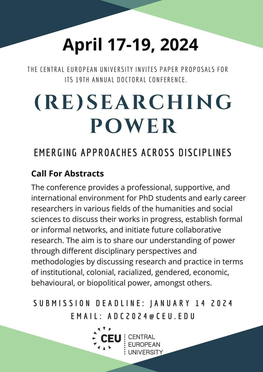 @CEUpolsci Call - Submit your abstract by Jan. 14 to the Annual Doctoral Conference (Re)searching Power: Emerging Approaches Across Disciplines - dsps.ceu.edu/19th-annual-do…

#polsci #genderstudies #sociology #socialantropology
#politicaltheory #publicpolicyresearch