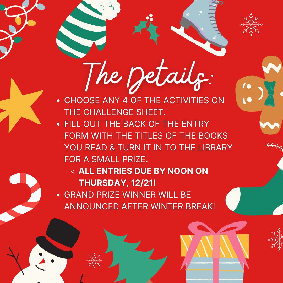 LibraryNpms's tweet photo. December 1st means our new library challenge starts NOW! Be sure to stop by the library and pick up one of the entry forms. Completed challenges should be turned in to  the library by noon on Thursday, 12/21. Happy reading! #NPMSGrizzlies #GrizzliesRead #wsdlibraries https://t.co/Vf3qPU5CCA