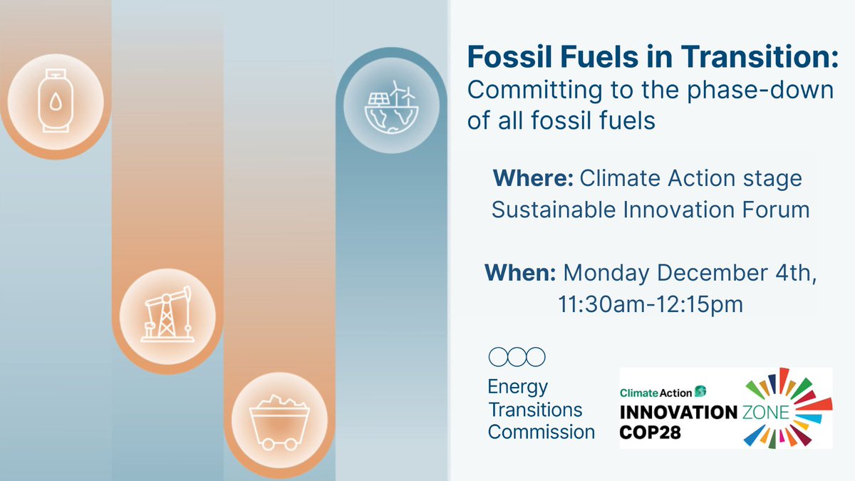 #COP28 Event📆Fossil Fuels in the Energy Transition
Monday Dec. 4 - Climate Action Innovation Zone

Adair Turner will be joined by <a href="/OGCInews/">OGCI</a> Julien Perez, <a href="/mendiluce/">María Mendiluce</a> of <a href="/WMBC/">WMBC Freeform Radio</a>, <a href="/AtlanticCouncil/">Atlantic Council</a>’s <a href="/Landon_Derentz/">Landon Derentz</a>  and <a href="/Tzeporah/">Tzeporah Berman</a> from <a href="/fossiltreaty/">Fossil Fuel Treaty Initiative</a>

Join us: bit.ly/411X9KW