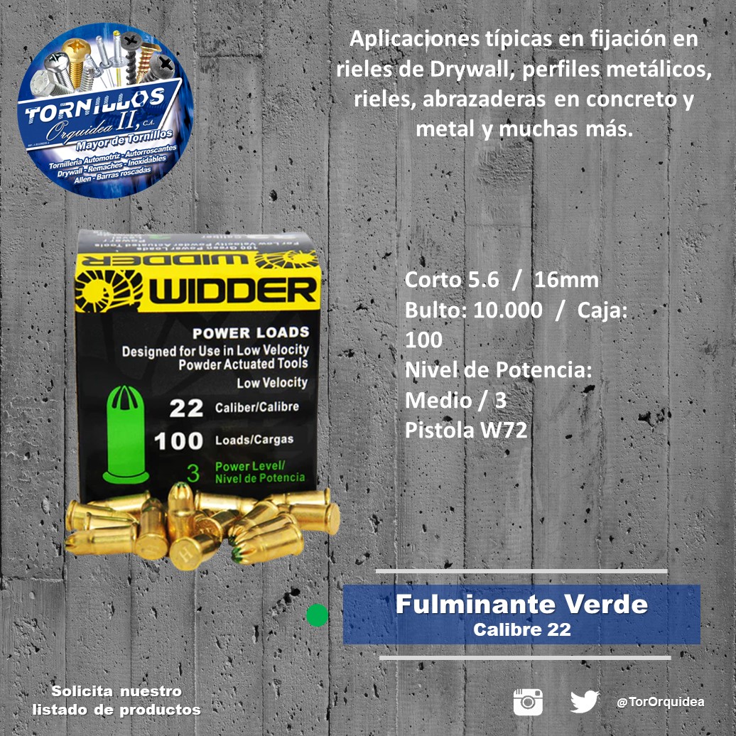 TorOrquidea's tweet photo. #Fulminante Calibre 22 Color Verde
Sistema de Fijación Directa
Solución de alto desempeño. Confiabilidad y Versatilidad
Contactanos
Somos mayoristas
#fulminantes #clavos #clavosdeimpacto #sistemadefijacion #tornillos #construccion #Venezuela
#anclajes #anchors #aragua https://t.co/JrJgCCV4p0