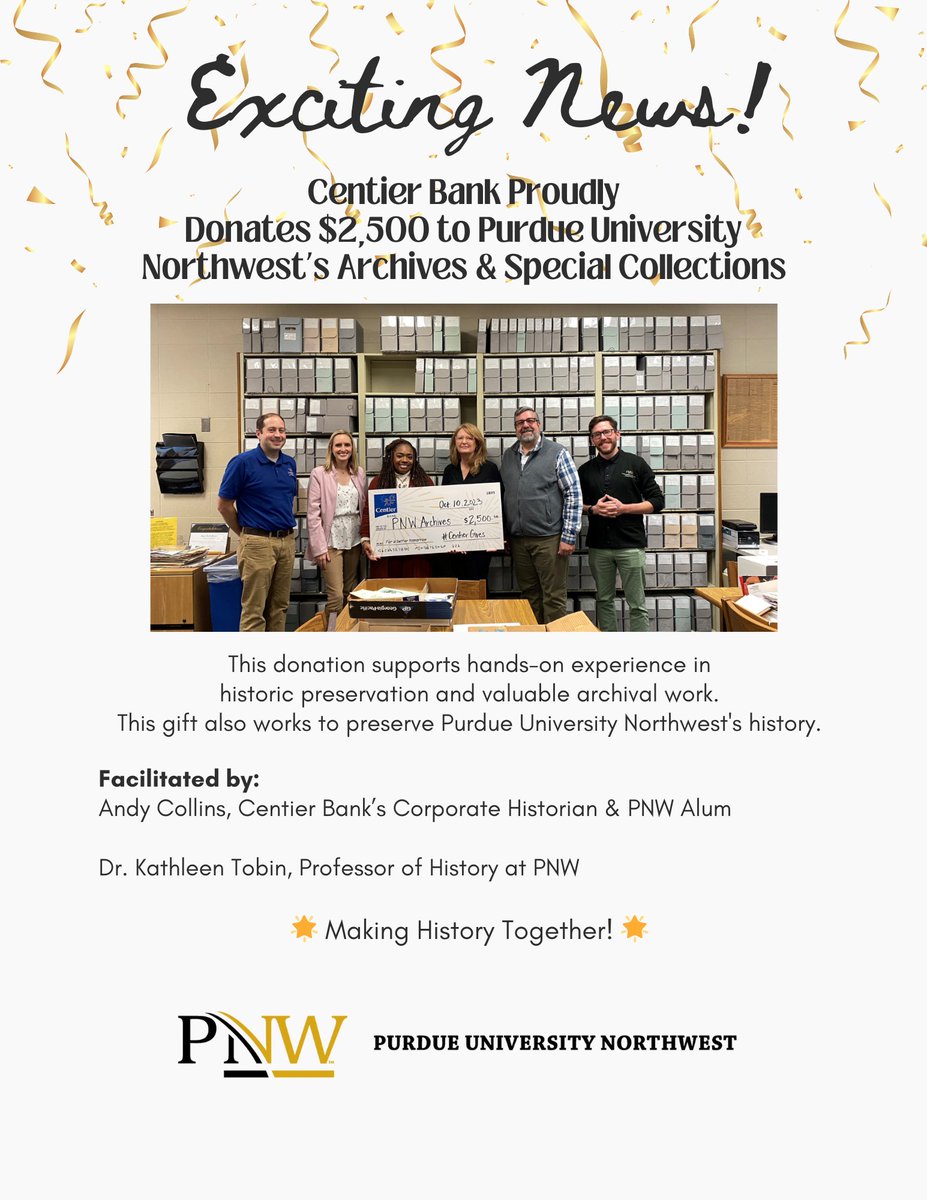 Thank you @CentierBank, @purduenorthwest #HistoryMA alum Andy Collins, & Prof Kathy Tobin for facilitating this wonderful donation to the @PNW_Archives @PNWlibraries! #historymatters #archivesmatter #librariesmatter @pnwchess