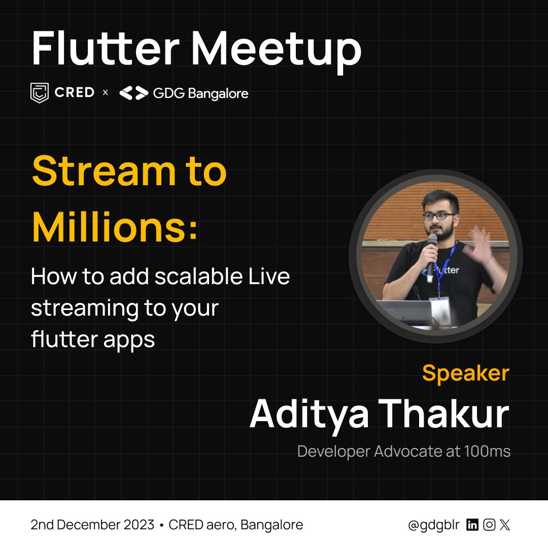 📢 Get ready for the next speaker! <a href="/adityathakurxd/">Aditya Thakur</a>, Developer Advocate at <a href="/100mslive/">100ms</a>, will take the stage tomorrow at the Flutter Meetup by <a href="/CRED_club/">CRED</a> x GDG Bangalore ✨

#GDGBangalore #CRED #Flutter