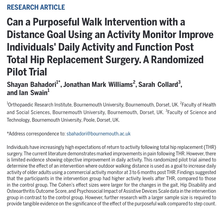 The simplicity of an #intervention is key to its compliance. Our study published in @SPJournals and @CBSystems_ showed that a weekly increase in walking distance amongst #elderly with a #Fitbit led to improved post-THR #surgery #recovery outcomes. 🔗:spj.science.org/doi/epdf/10.34…