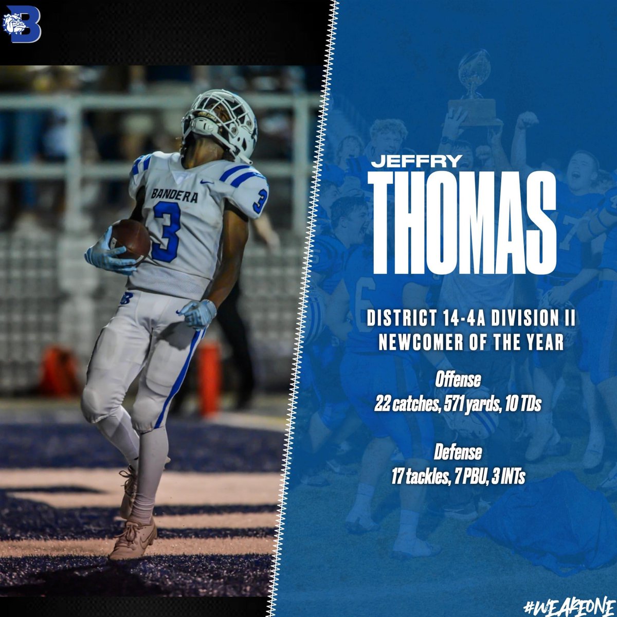 Congratulations to the following Bandera football players on earning District 14-4A DII All-District Honors! 

Staff of the Year - Bandera 

District MVP - Jesse Cardenas, QB, Sr. 

Defensive MVP - Jorge Cabasos, ILB, Sr. 

Newcomer of the Year - Jeffry Thomas, WR/DB, Soph.