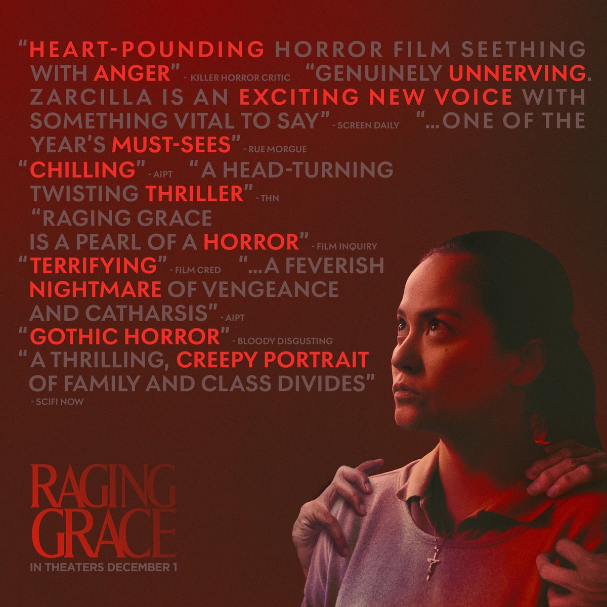 "Genuinely unnerving. Zarcilla is an exciting new voice with something vital to say.” (<a href="/Screendaily/">Screen International</a>) Don’t miss @SXSW hit RAGING GRACE, “a feverish nightmare of vengeance and catharsis,”(<a href="/AIPTcomics/">AIPT</a>) in theaters now. #NowPlaying