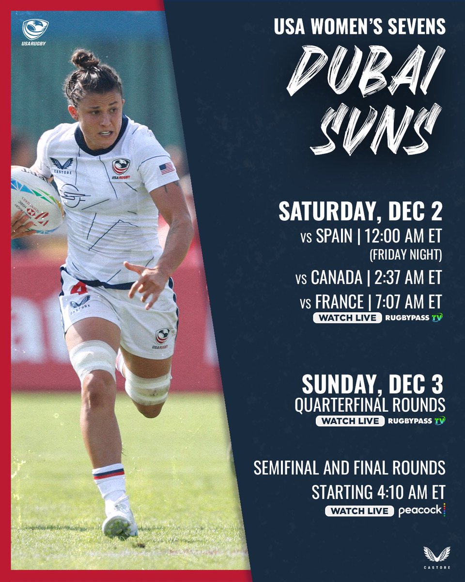 BROADCAST UPDATE: Pool play and quarterfinals from Dubai will be live and on demand on @RugbyPass TV, while the semifinal and final rounds will be on @peacock. For real-time info and stats, and knockout round times, follow along in the HSBC SVNS app.