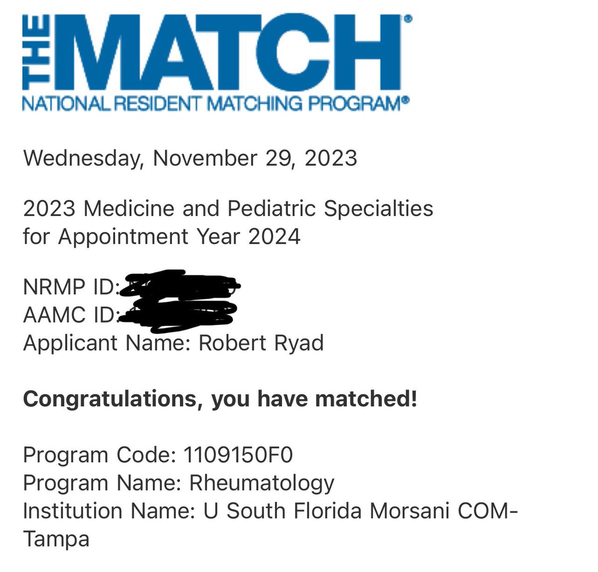 Super excited to have matched into rheumatology fellowship at USF Tampa! Will be having shawarma for breakfast, lunch and dinner! 

#MedTwitter