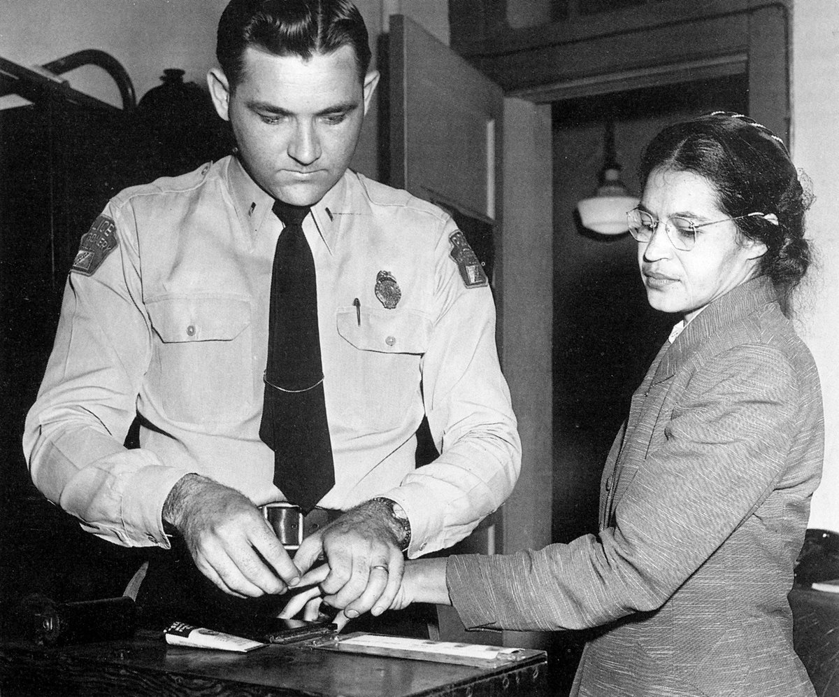 📌On this day in 1955, Rosa Parks, a black woman, was arrested for refusing to give up her seat to a white man on a bus in Montgomery, Ala. 📌THINK ABOUT THIS. Impossible to conceive of a white person EVER going through this. And it is STILL happening today with voting rights.