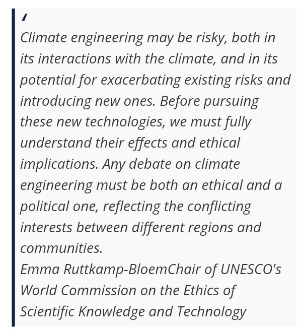 geoengineering1's tweet image. “#ClimateEngineering may be risky, both in its interactions with the climate, and in its potential for exacerbating existing risks and introducing new ones,” said Emma Ruttkamp-Bloem, chair of #COMEST.
11/13