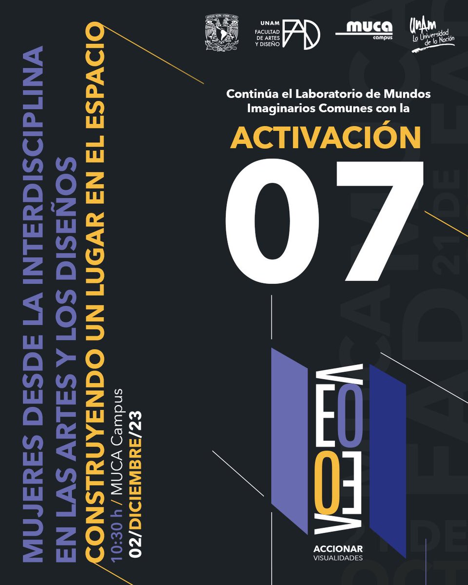 Te esperamos en “Veo, Veo. Accionar Visualidades” y su Laboratorio de Mundos Imaginarios Comunes. La FAD, te invita este sábado 2 de diciembre, a las 10:30 am en MUCA Campus. #ArtesVisuales #DiseñoYComunicaciónVisual #ArtesyDiseño #OrgulloFAD #FAD #UNAM #FADUNAM #MUCA