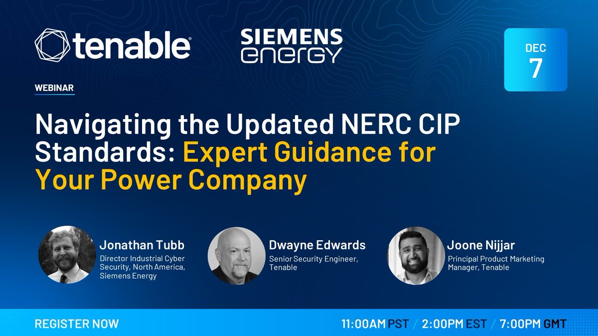 Responsible for NERC CIP compliance? Get clear guidance for addressing new requirements for BES Cyber Systems from our webinar with <a href="/Siemens_Energy/">Siemens Energy</a> experts.
 
📅 When? December 7, 2pm ET
Register here: tenable.com/webinars/navig…