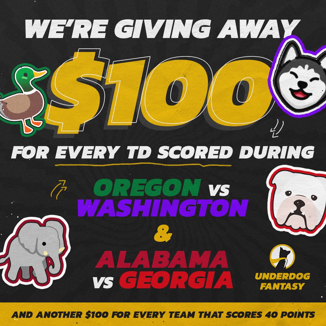 For every touchdown scored in the Pac-12 and SEC Championship games, one person who reposts this and replies with #UnderdogPicks will win $100 💰 For every team that scores 40+, another $100 will be given away 🤝