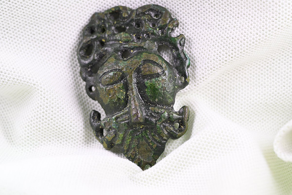 A haunting 11th century Anglo-Scandinavian 'Urnes style' mount, featuring stylized human face with a beard &amp; wild hair...
There's a suggested a connection with horse equipment &amp; possibly face-mask mounts on a Danish  harness-bow. 
Fabulous &amp; rare Co. Durham find! 
full record 👇