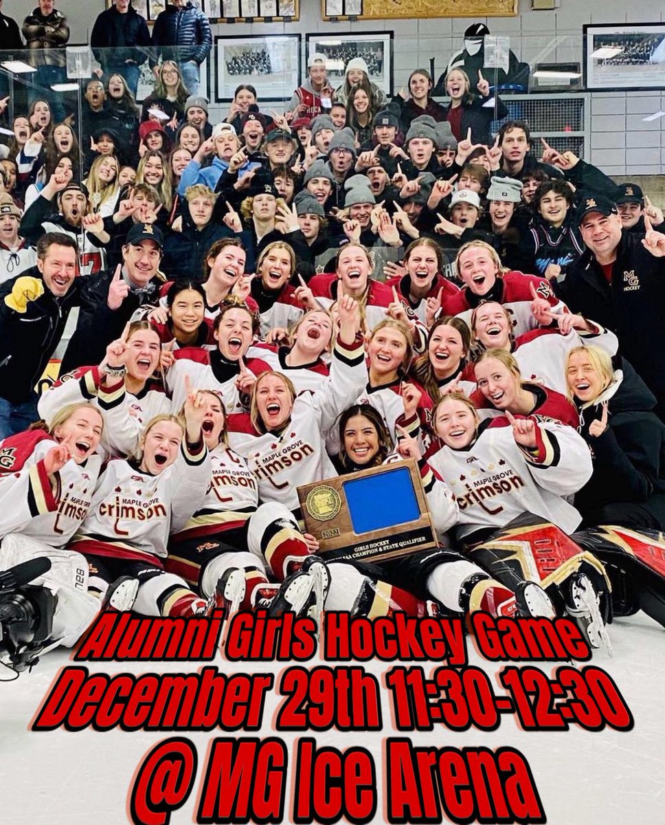 Crimson Girls Hockey Alumni Mark your Calendars for the 
Alumni Game!!!

📆 December 29th 
⌚️  11:30-12:30 
📍 MG Ice Arena 

We would love to 👀 you there

#CrimsonFamily #JerseysHaveBeenWashed
#Alumni <a href="/MG_Girls_Hockey/">Crimson Girls Hockey Booster</a> <a href="/MGActivities/">Crimson Activities</a>