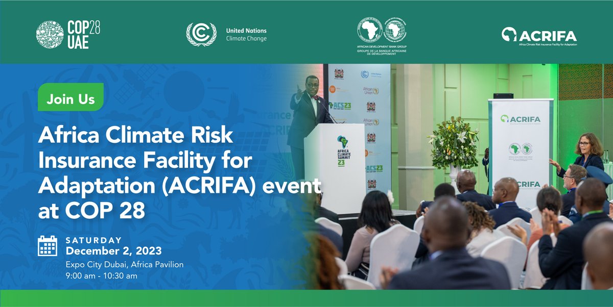 At #COP28UAE tomorrow: The Africa Climate Risk Insurance Facility for Adaptation - De-risking investments in #climatechange adaptation through insurance

⏰  09:00 - 10:30AM GST (GMT+4)  
📍  Africa Pavilion 
🔗  bit.ly/3RgNvkn #AfDBatCOP28 #AfricaCOP