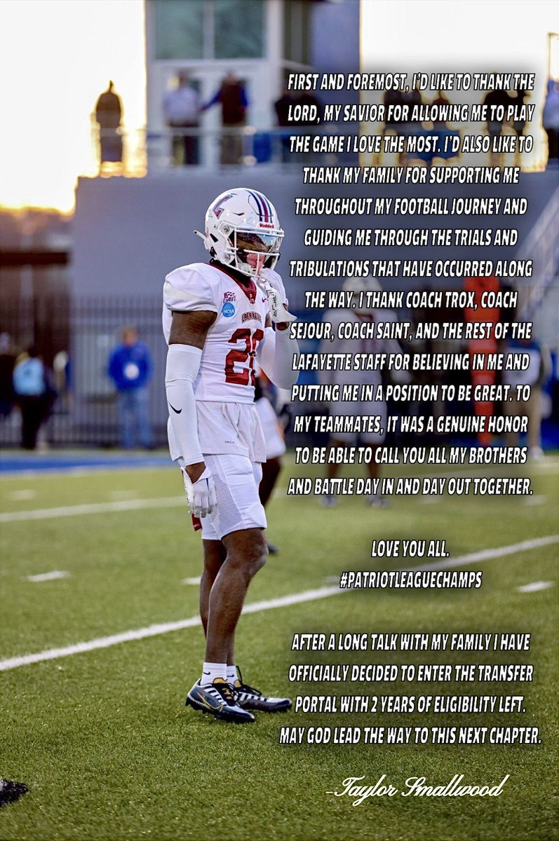 I will officially be in the transfer portal on Dec. 4th. Thank You Lafayette ❤️ 6’2 200 Corner/Slot 2 Years of Eligibility Remaining Full Tape Link - youtu.be/uGcvJ5x89z8